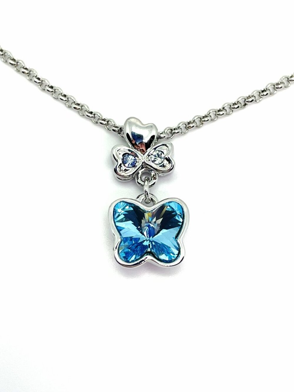 Dainty Butterfly and Heart Necklace, Blue Sapphire Austrian Crystals, 18"